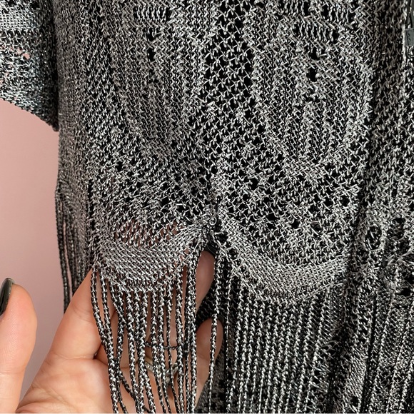 Vintage CARTISE Dress, Silver Crochet Knit, Maxi, Fringe, Black Lining, (US M) - Picture 16 of 16